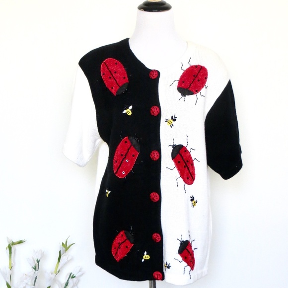 Lisa International Vintage Knit Button Front Cardigan Sweater Lady Bug Beaded M - Picture 1 of 6